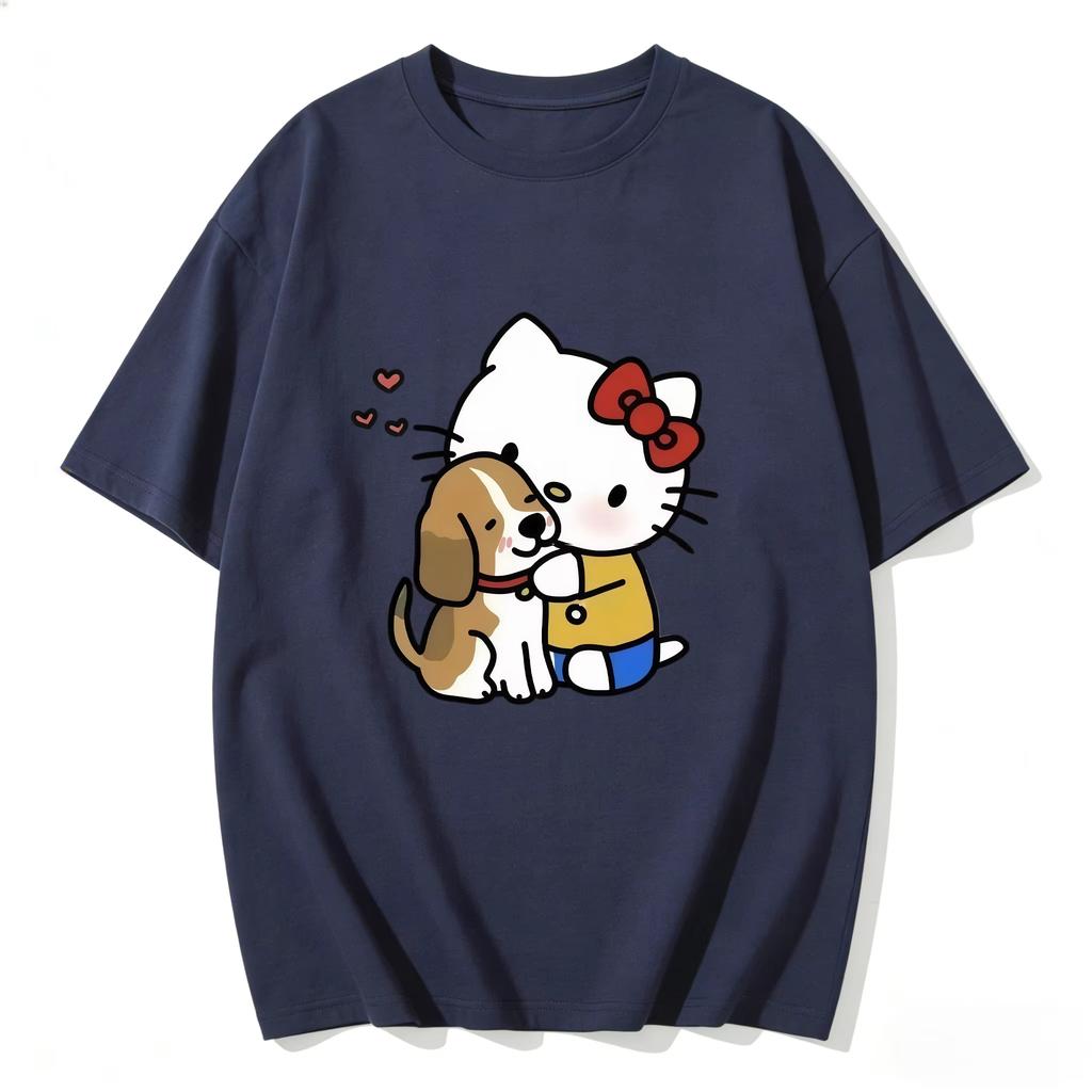 2026 New Summer HelloKitty Cute Graphic Tee Casual Short Sleeve Cotton Top for Women Girls Kawaii Cartoon Print Streetwear
