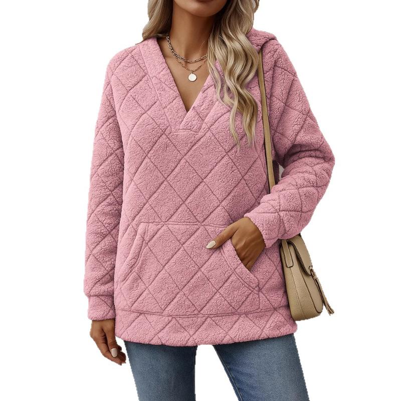 New Women's Casual V-neck Long-sleeved Pullover Multi-color  Hooded Plush Sweatshirt