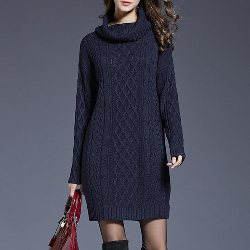 Autumn and Winter Women Casual Knitted Long Sleeve Winter Dresses Sweater Solid Knee Length Loose Fat Female Dresses