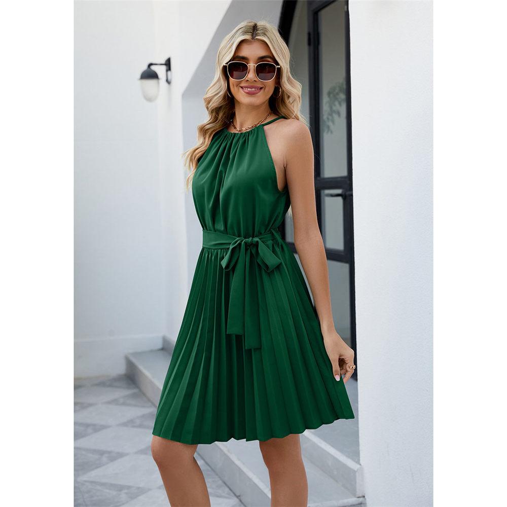 Sommerkleider für Damen, lässig, Neckholder, ärmellos, plissiert, A-Linie, Knopfleiste hinten, mit Gürtel