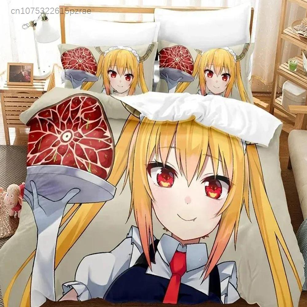 3D Kawaii Girl Miss Kobayashi's Dragon Maid Bedding Set Anime three-piece Set Adult Kid Bedroom Duvet Cover Sets Home Textiles