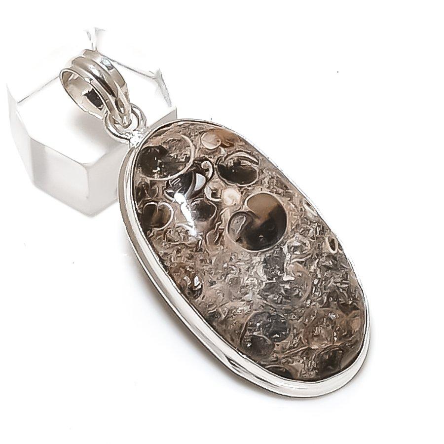 Turritella Fossil Gemstone Handmade 925 Sterling Silver Pendant 2.21" Q0h85