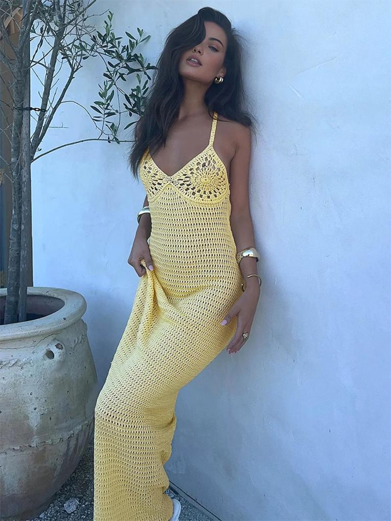 Women's Sexy Knit Cut Out Dress, V-Neck, Spaghetti Strap, Bodycon, Holiday, Y2k, Knit Halter, Maxi, Summer, K32
