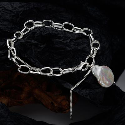Flat Bead Tassel Bracelet, Female Niche, European and American Sweet Cool Style S925 Silver Irregular Baroque Pearl Bracelet