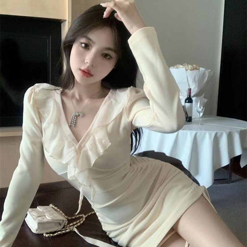 Sweet and Sexy Drawstring Pleated Design Dress Women's Spring Small Temperament Gentle and Beautiful Hip Skirt
