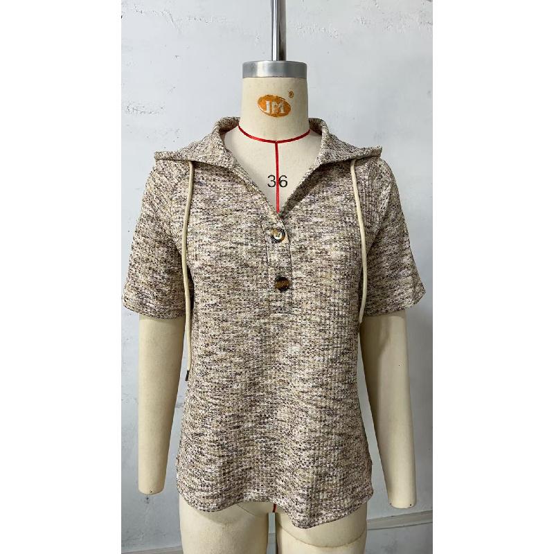 2026 Women's Clothing Summer New Waffle Knit Button V-Neck Drawstring Hooded Short Sleeve Top