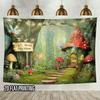 2D Whimsical Fairy Tale Forest Tapestry with Mushroom Cottage