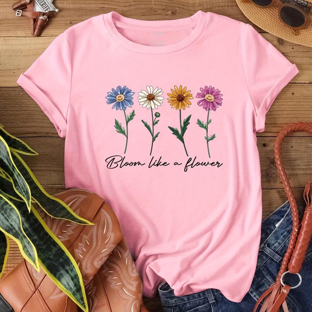 Summer Round Neck Flower Letter Pattern Printed Top Fashionable Casual Short Sleeved Women's Pure Cotton T-shirts