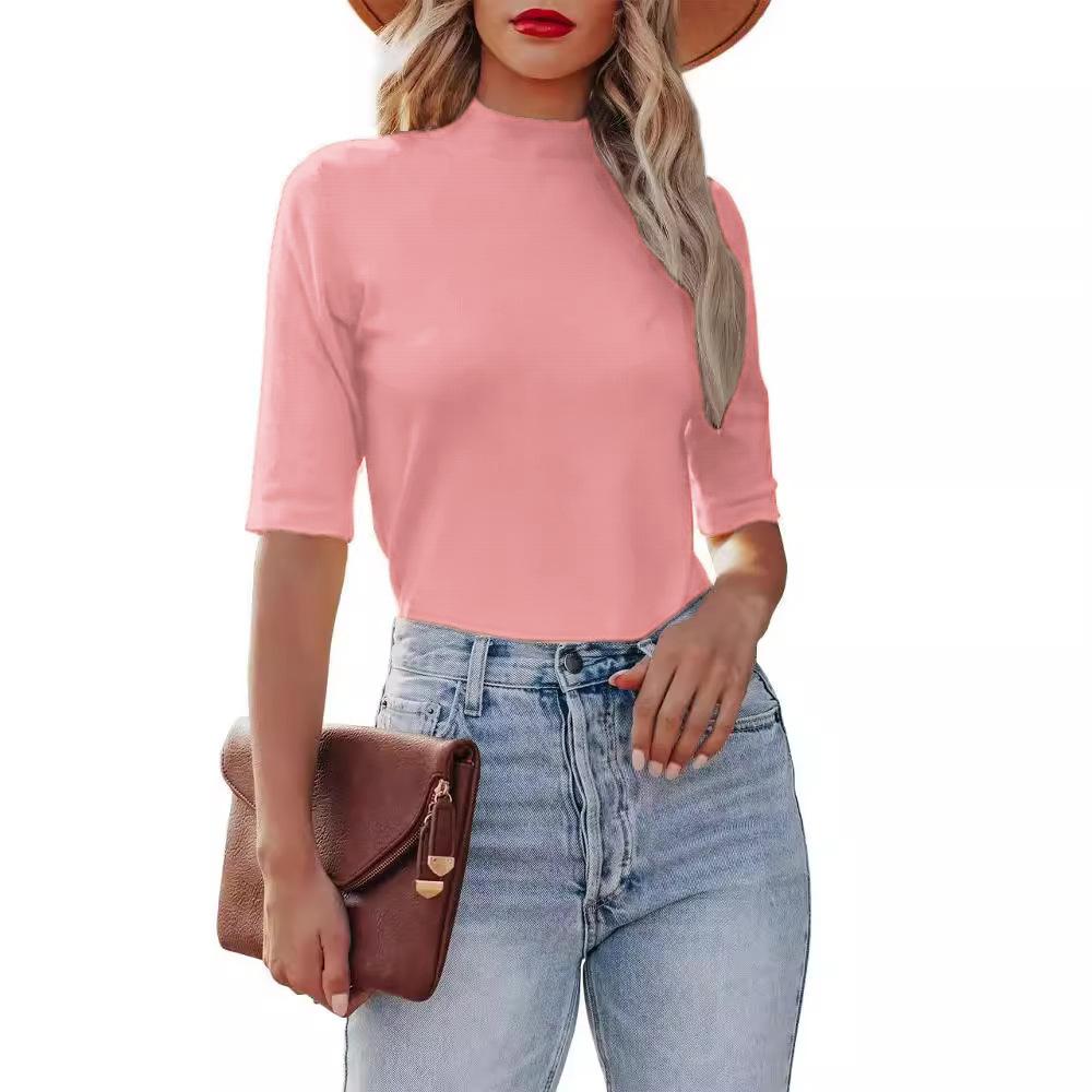 

Топ с полувысоким воротником и рукавами три четверти, вязаный, облегающий, эластичный, сексуальный, формальный, повседневный, женские футболки XXL розовый