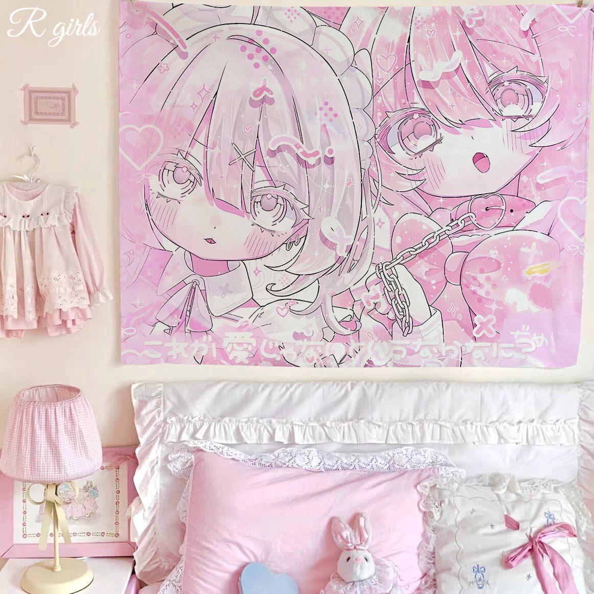 

Anime Pink Cartoon Girl Heart Tapestry Wall Hanging For Bedroom Dorm Room Home Wall Decor 74x94cm(29x37in)