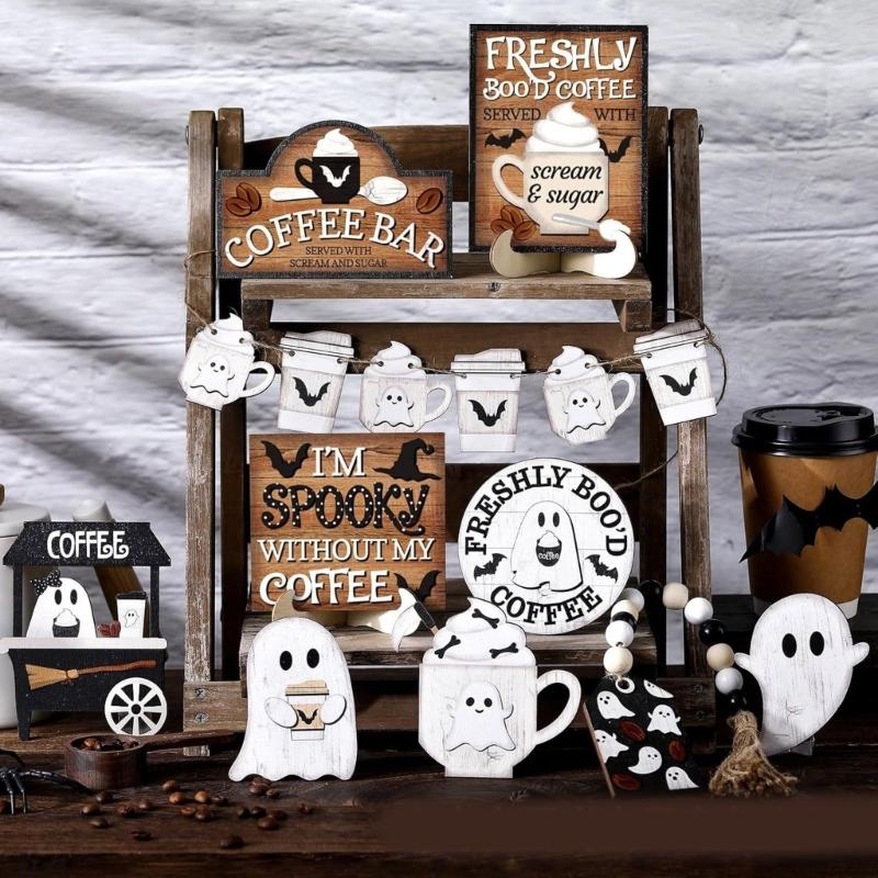 19PCS Halloween Coffee Specters Decors Wooden Sign Beads Tiered Tray Accent Farmhouses Style Home Party Tabletop Display