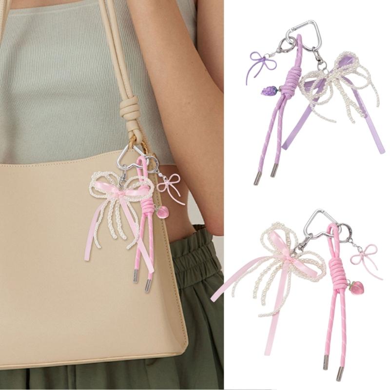 Lovely Heart Keychain Bows Keyring Braided Rope Bag Charm Bag Pendant Ornaments Car Keychain Decorations