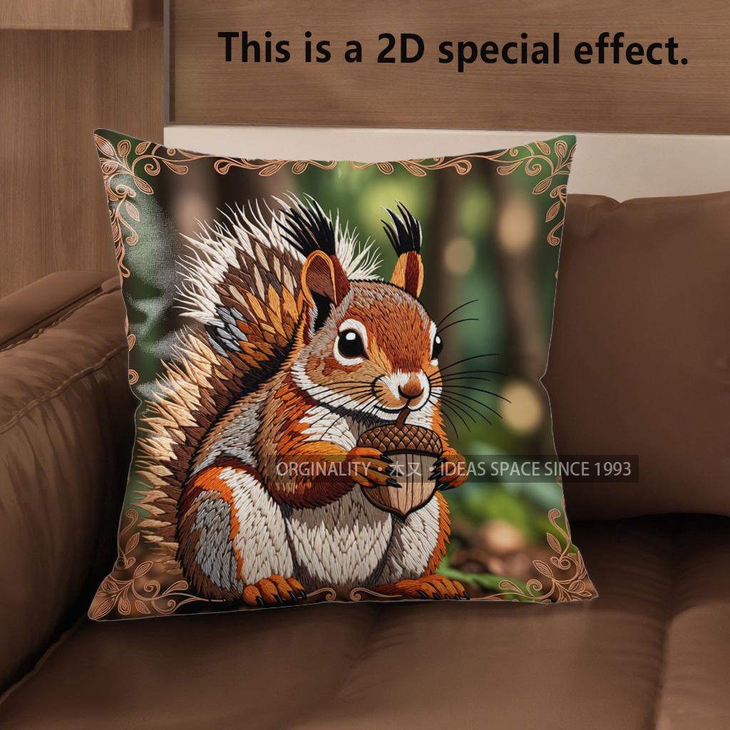 2D Cute Squirrels Holding Nuts Pillow Covers Pattern Cushion Cover Suitable For Sofa Bedroom Car Pillow Cover