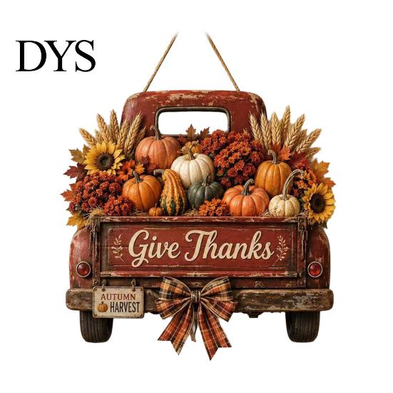 Wooden Hanging Sign for Front Door Harvest Pumpkin Truck Door, Fall with Theme Wall Art Hemp Rope, Distressed Farmhouse Welcome Sign, Autumn