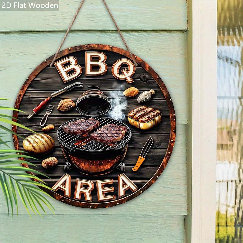 Vintage-Inspired BBQ Area Wooden Sign - Grill-Themed Outdoor Decor with Steak & Tools Imagery - Retro BBQ Decorative Plaque