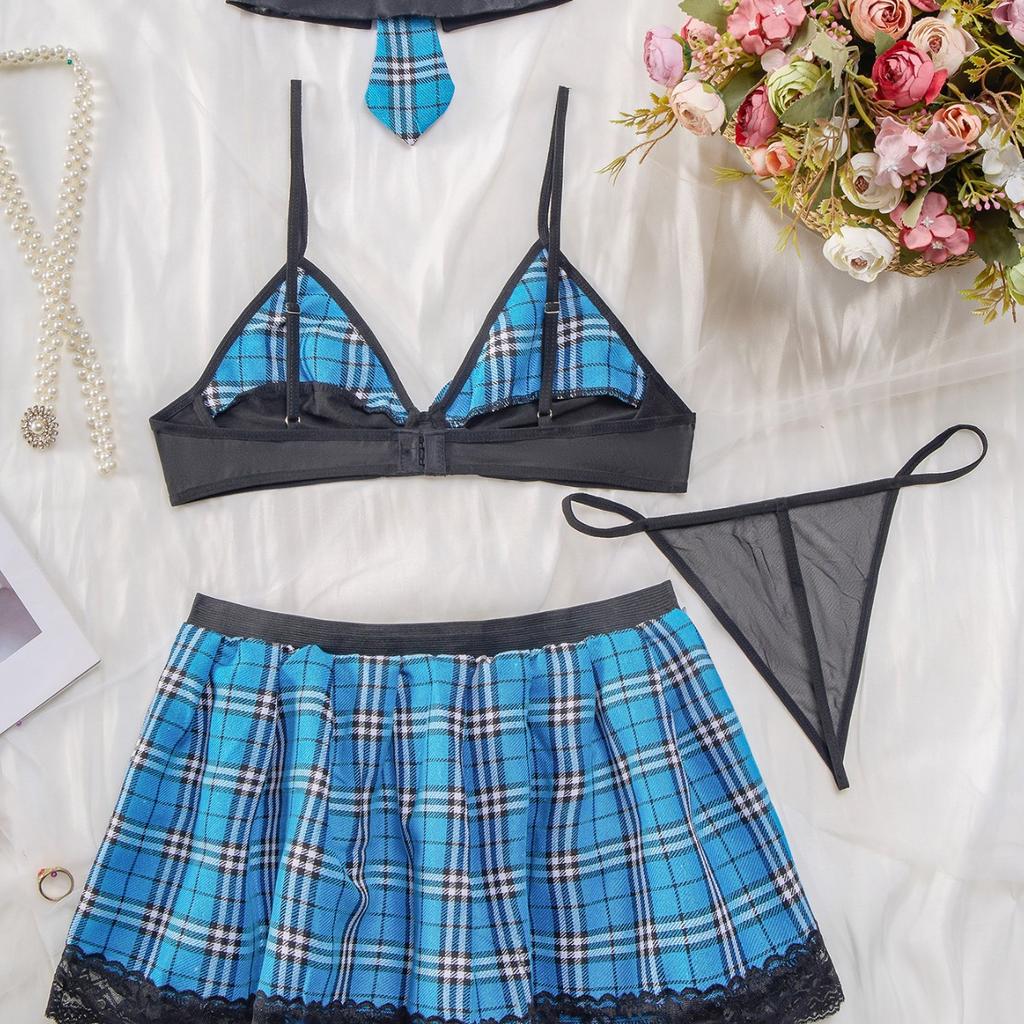 European and American explosive sexy fun set plaid uniform temptation underwear set three-piece set