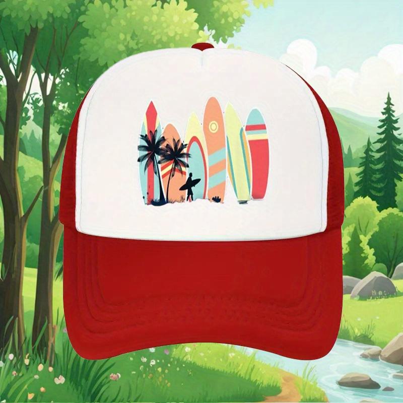 Surfboard Palm Tree Trucker Hat Tropical Beach Vibes Mesh Back Baseball Cap Casual Outdoor Unisex One Size