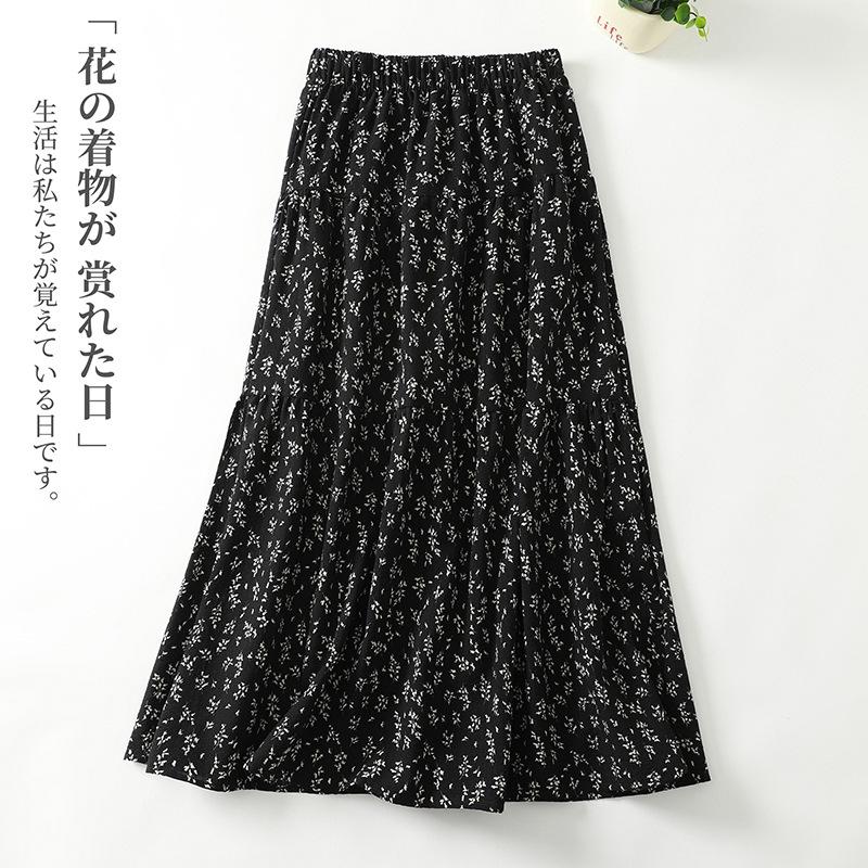 

2025 черная юбка с цветочным принтом женская весенняя ретро французская юбка для маленького мужчины с подвеской средней и длинной юбкой А-образной формы 2XL