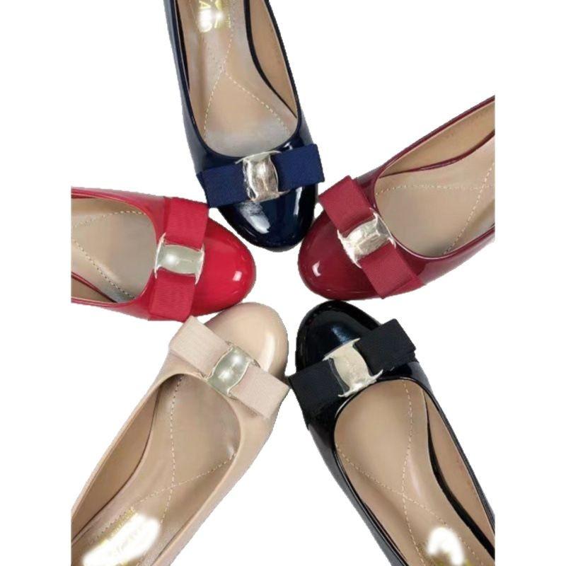 Patent leather leather single shoes bow flat bottom round head shallow mouth new red wedding shoes versatile thick heel medium heel women's shoes