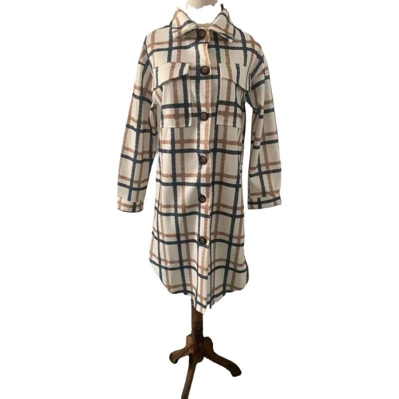 Independent Station Wishes Europe and The United States Autumn and Winter Long-sleeved Button Lapel Casual Plaid Long Woolen Coat