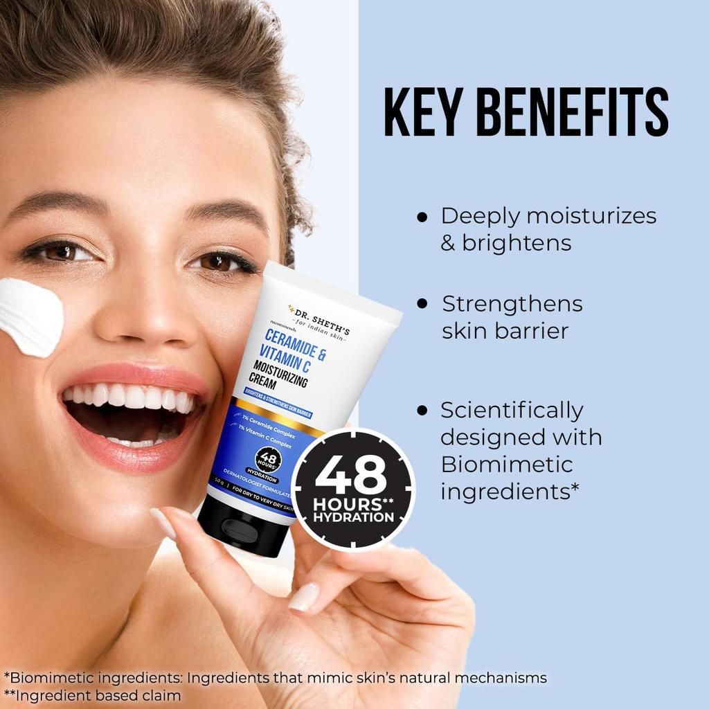 Dr. Sheth's Ceramide & Vitamin C Moisturizing Cream 50G For Deep Hydration Bright Skin Barrier Repair