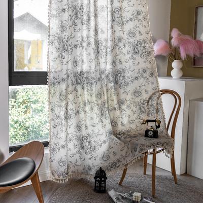 Curtain Finished Ink Peony Printing Plain Color Balcony Blackout Curtain Black And White Fabric Young Homestay Japanese Style