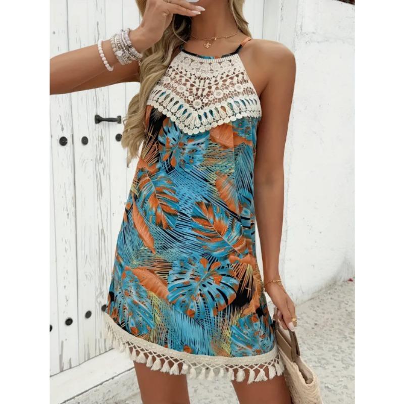 Summer Sleeveless Sweet Printed Lace Short Dress Elegant Fashion Loose Tassel A-line Party Holiday Dresses Tank Casual Simple Clothing
