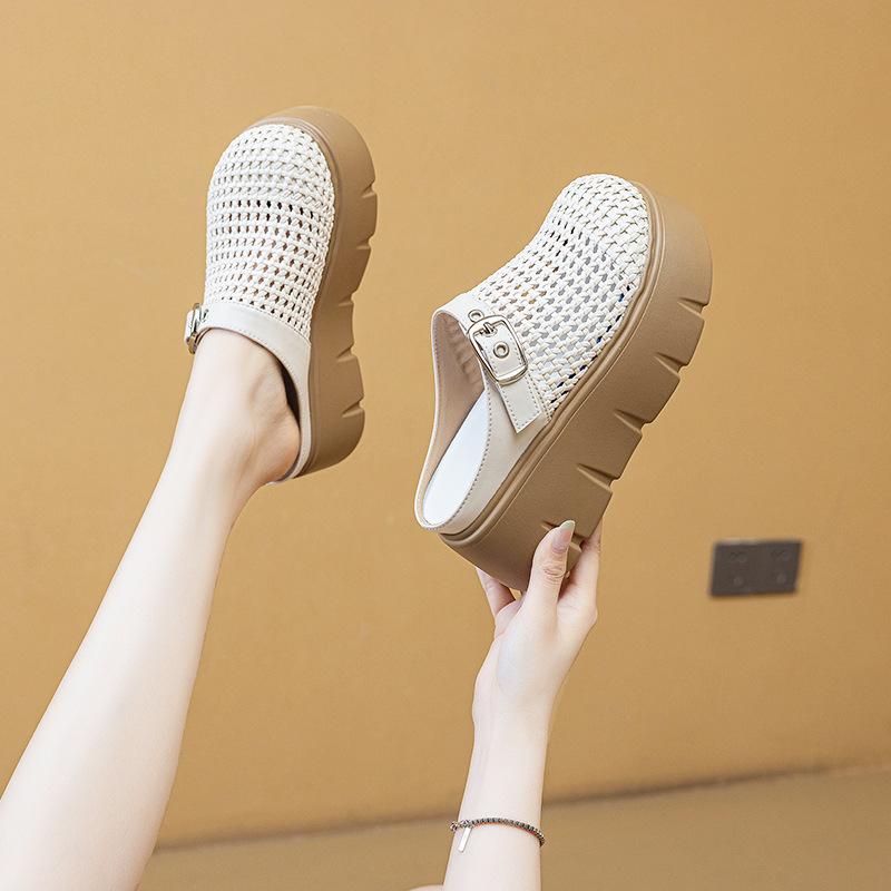 

Trendy versatile thick-soled bag head half slippers women s 2025 summer new hollow soft-soled one-pedal casual cool slippers 34 бежевый