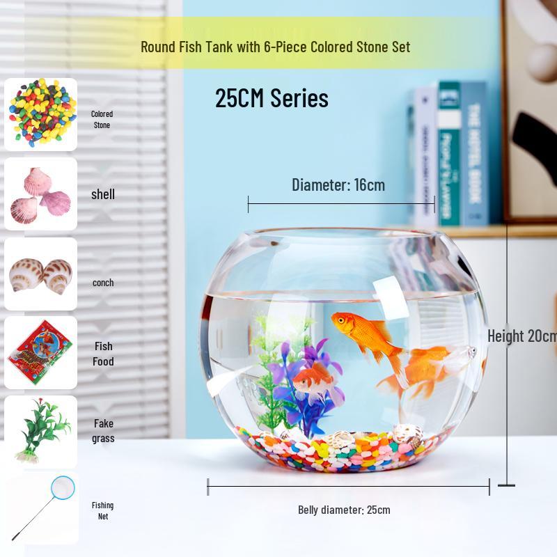 Transparent Round Glass Fish Tank for Office or Living Room - Small Desktop Aquarium for Goldfish or Turtles