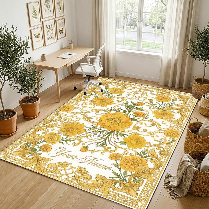 Golden Floral Elegance Theme Soft Crystal Velvet Rug Custom Name & Text Print Non Slip Floor Rug for Bedroom Living Room