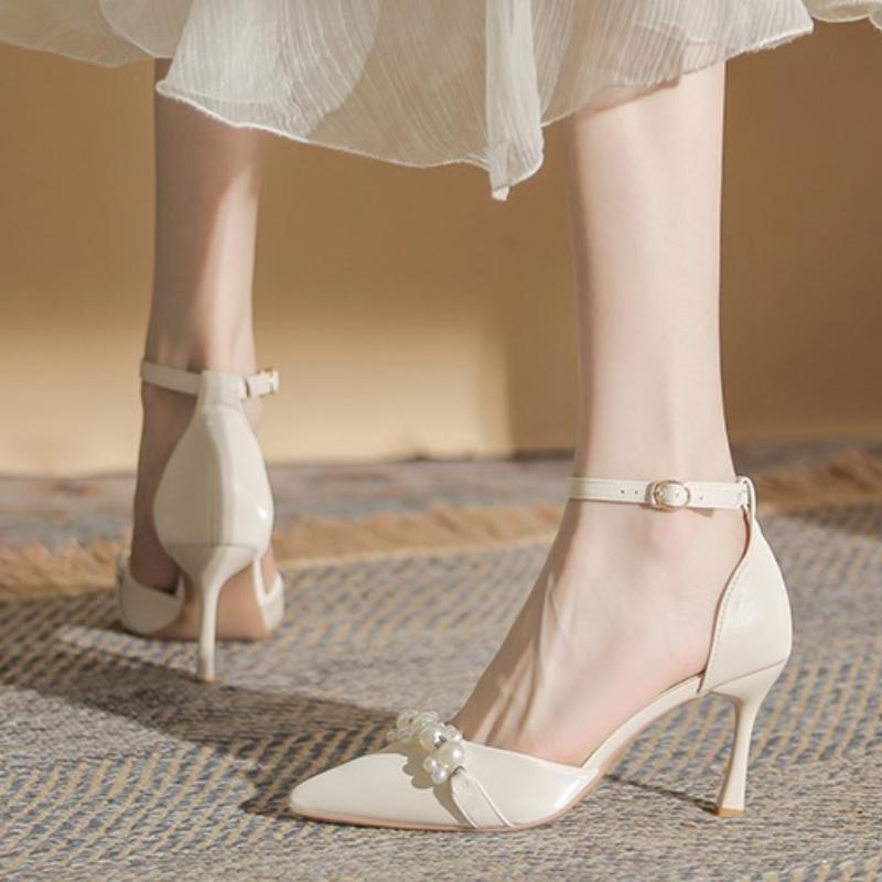 2025 Summer Celebrity Women's High Heels Fashion Pointed Toe Pearl Chain High Heel Sandals Dress Banquet Wedding Shoes