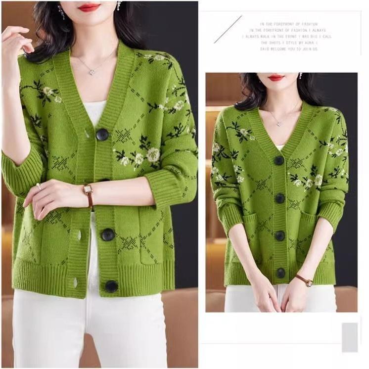 Autumn Winter Women's Plus Size Knitted Cardigan V-neck Printed Knitted Cardigan Sweater Jacket Knitted Top Outerwear.