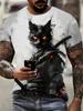 Men's 3D Samurai Cat Graphic Animal Printed T-Shirt Summer Fashion Casual Outdoor Round Neck Short Sleeved T-Shirts for Men
