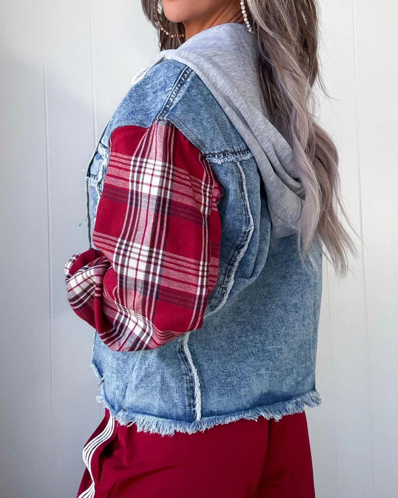 Damen Karo-Denimjacke mit ausgefranstem Rand - 26 Jahre Europäisch-Amerikanisch Herbst/Winter Street Trendy Stil, Artikel 89384.