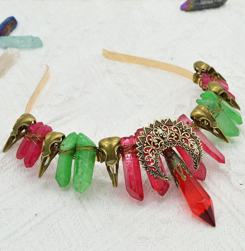 Ancient Bronze Two-Color Crow Headband with Gold Witch Moon Design