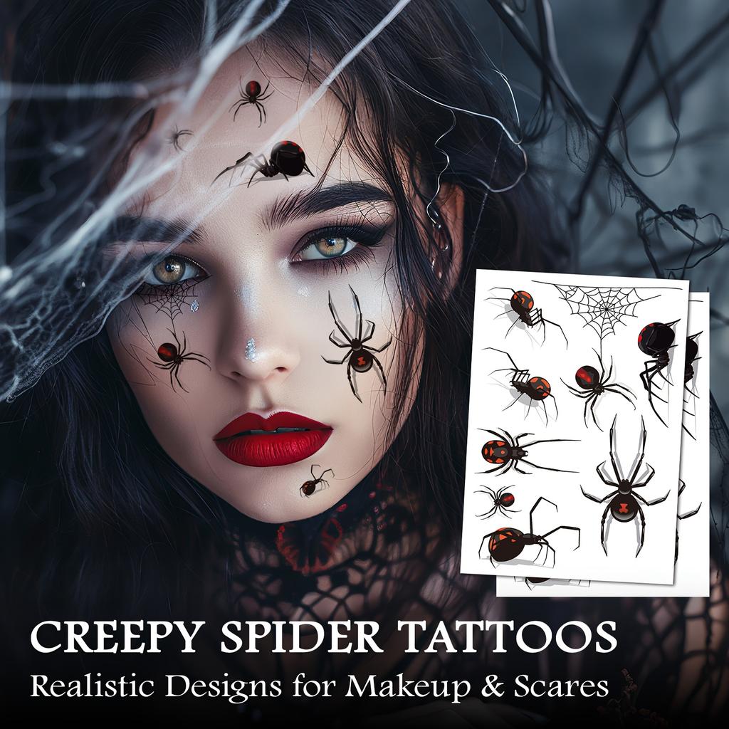 8PCS Halloween Temporary Tattoo - Designs for evil spiders, bats, pumpkins, etc., for face painting, party gifts, and decorations