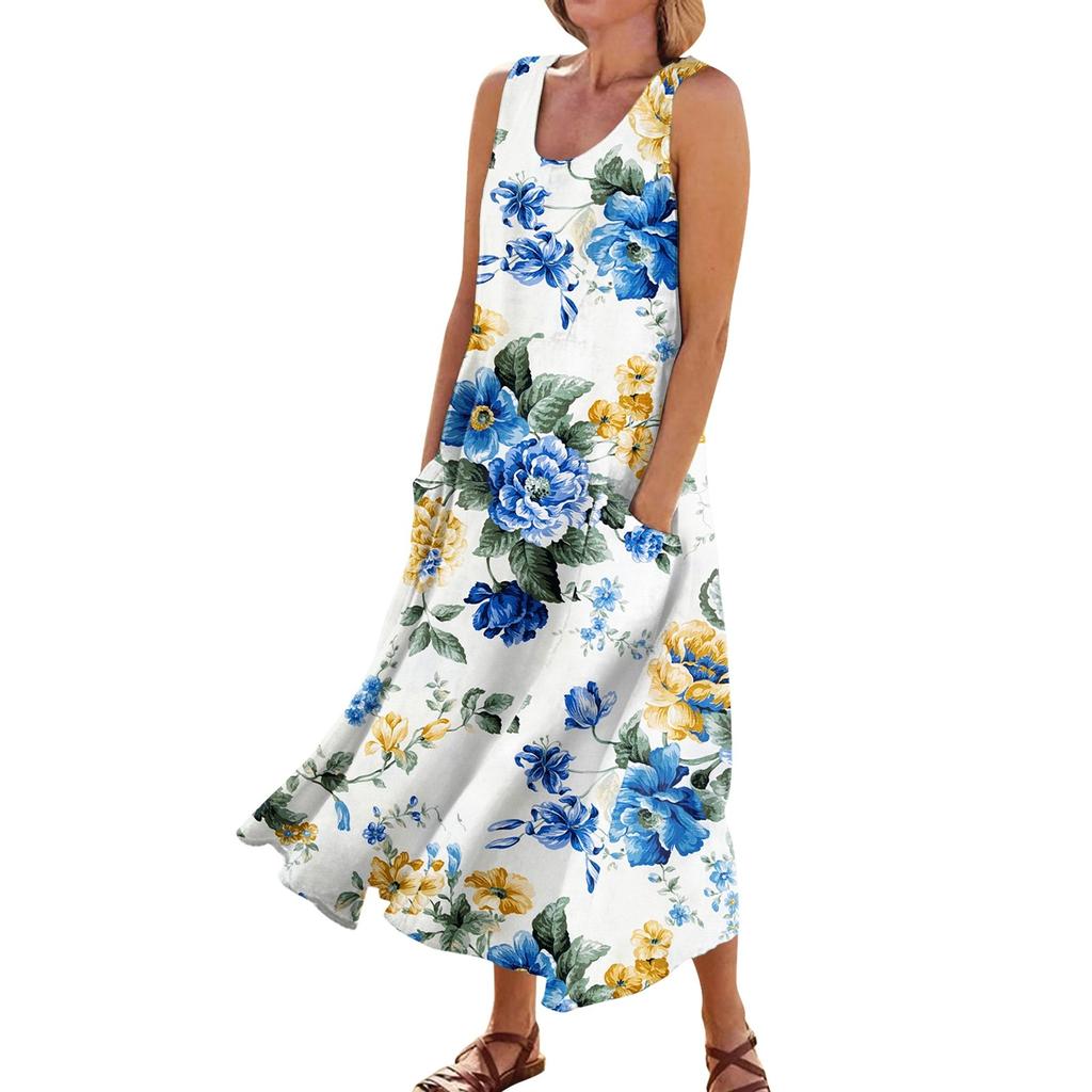 Vestido sin mangas para mujer Vestido de bolsillo con cuello redondo sin mangas estampado a la moda informal de verano para mujer
