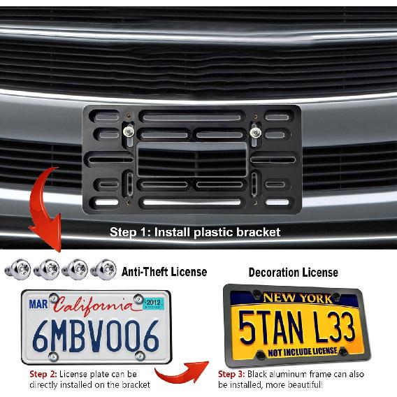 Aootf Front License Plate Bracket- Universal Bumper Mounting Kit, Car Tag Holder Adapter & Black Aluminum Plate Cover, Anti-Theft Lock Screw Bolt