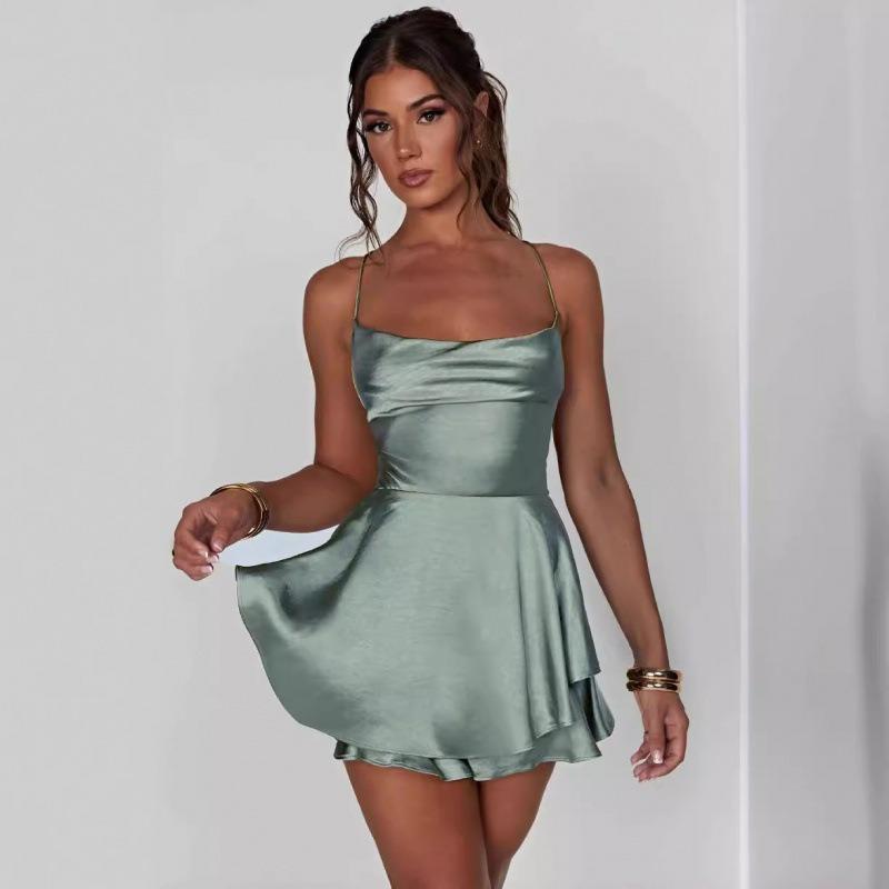 Summer New Sexy Slim and Thin Backless Solid Color Suspender Dress Short