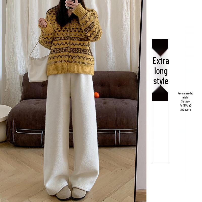 

Off-White Wool Plush Women s Loose Fit Straight Leg Pants - Autumn/Winter Casual Wide-Leg Style with Velvet M (95-110 lbs)