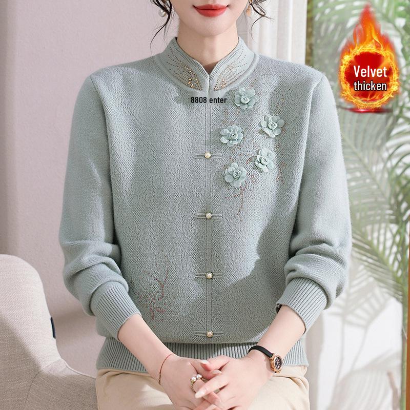 Mom's Red Winter Sweater - Velvet-Thickened Base Layer for Weddings, Mother-in-Law Approved, Zodiac Year Style for Middle-Aged & Elderly Women
