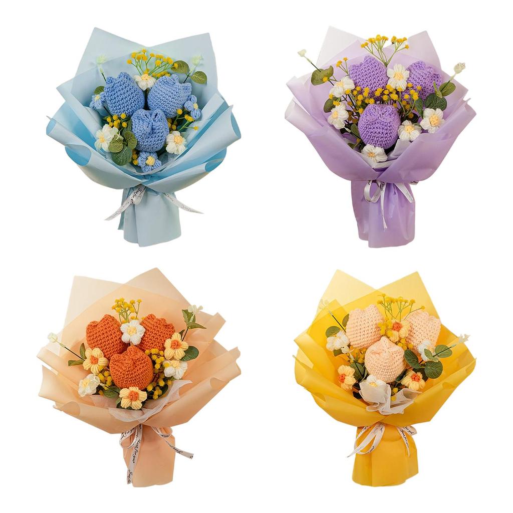 Artificial Flowers Fake Flowers with Eucalyptus Gift Knitted Flowers Crochet Flower Bouquet for Party Shelf Wedding Anniversary