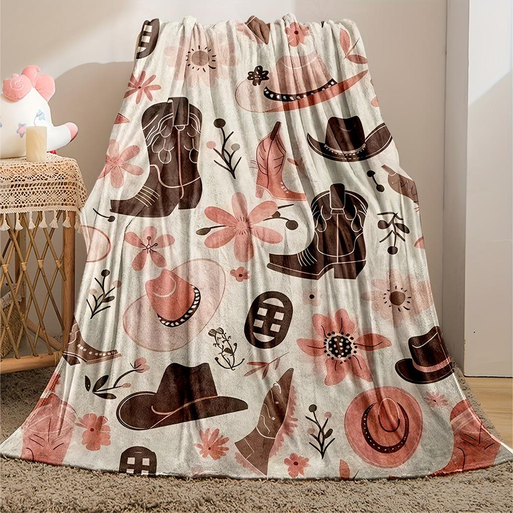 Soft Western Cowboy Boot & Hat Design Flannel Throw Blanket - Pink Fleece for Couch, Bed, Travel, Camping