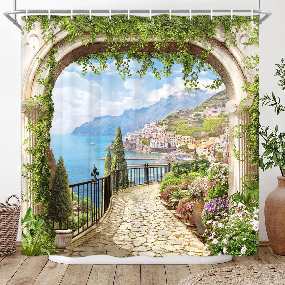 Window Outside Forest Bridge Spring Landscape Creativity Shower Curtain Zen Stone Tree Building Scenery Cloth Curtains With Ho