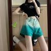 Gradient Color Denim Shorts Women Summer Thin High Waist Slimming Straight Wide-leg Loose Hot Pants