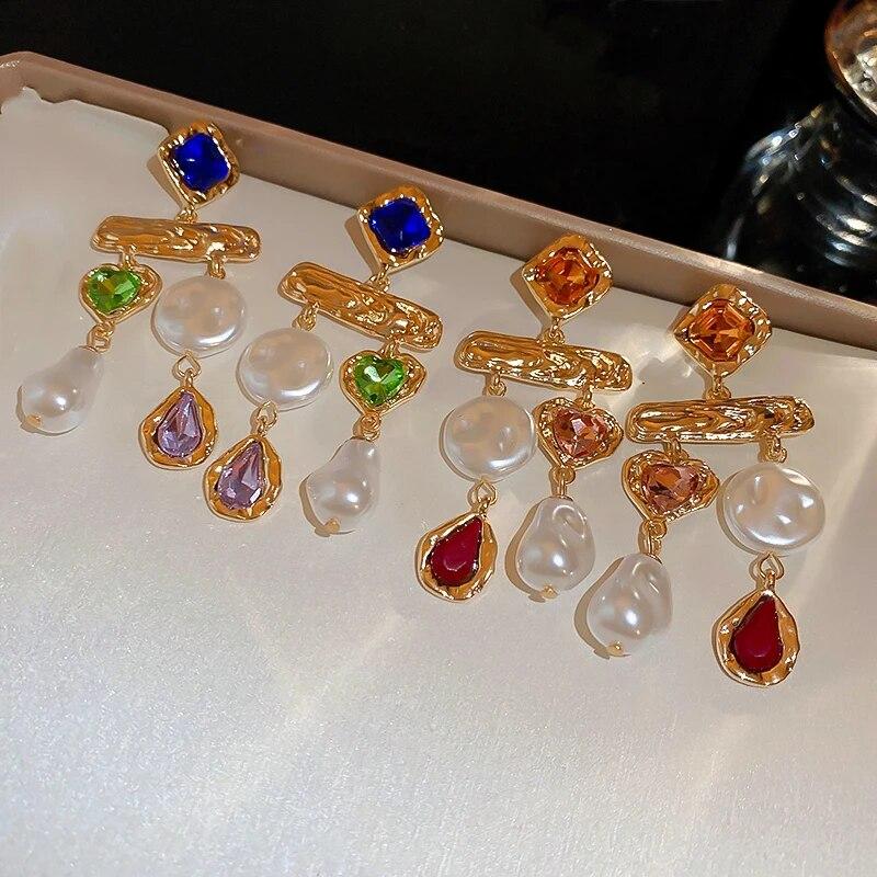 Rhinestone Asymmetrical Simulation Pearl Earrings for Women Palace Style Retro Earring Jewelry