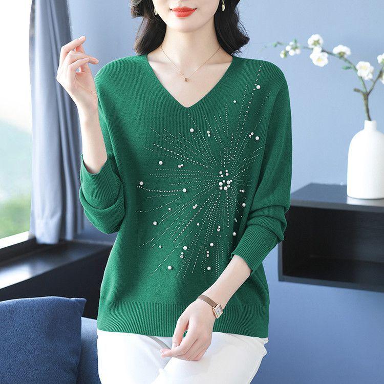 Autumn and Winter Women's V-Neck Sweater Solid Color Loose Beaded Sweater Plus Size Knitted Pullover Top