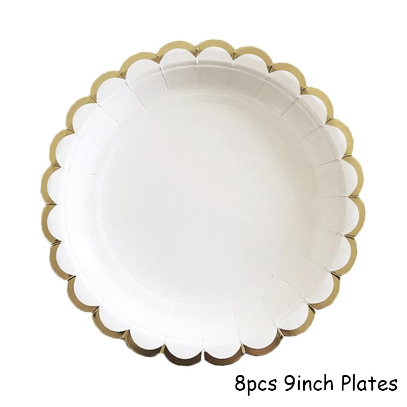 Golden White Disposable Tableware Paper Plates Cups Birthday Baby Shower Decoration Adults Wedding Balloon Set Party Supplies
