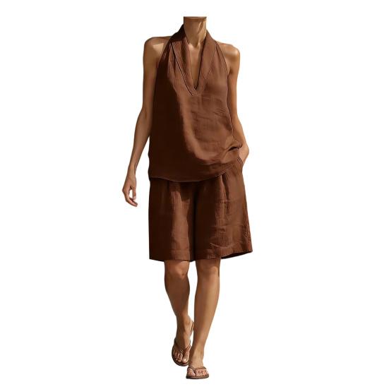 Women s 2 Piece Outfits Sleeveless Halter V Neck Tank Top And Shorts Matching S темно-коричневого