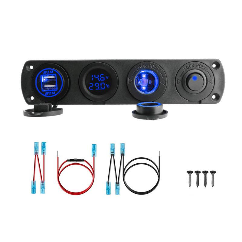 

4 Holes Switch Panel Dual USB LED Port 12V Cigarette Lighter Socket Digital Thermometer Voltmeter for Boat Car Truck синій